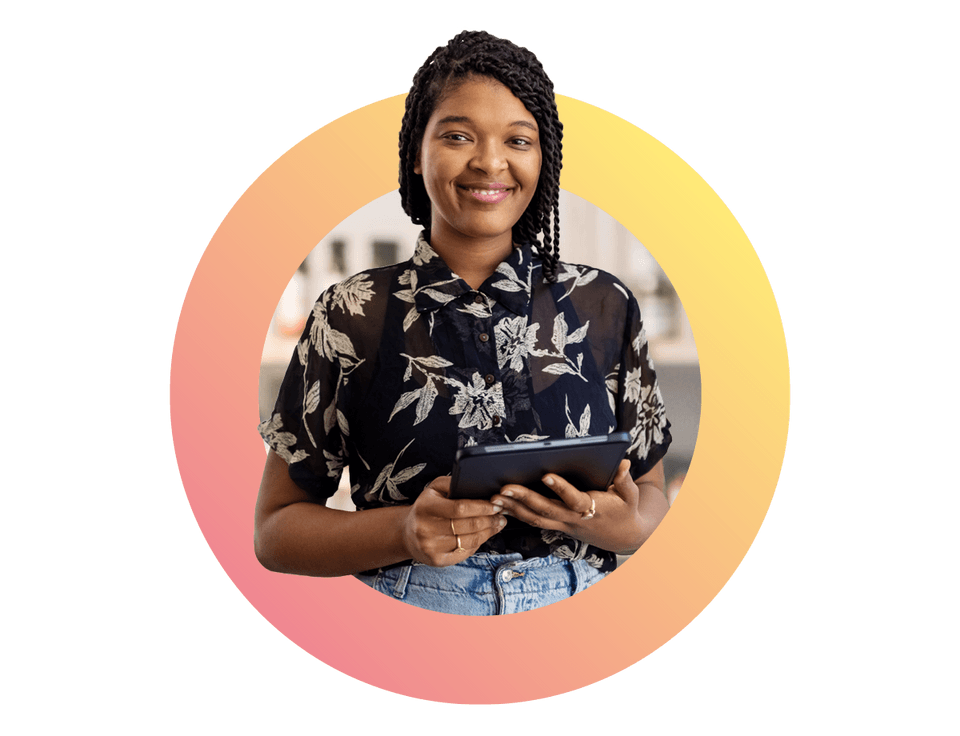 img full young woman holding tablet smile